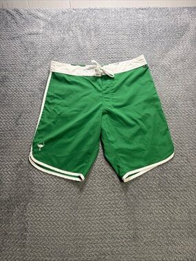 The chive Men's Green Swim Board Shorts with White Trim Y2k